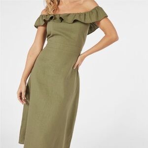 JUSTFAB Off Shoulder Linen Blend Green Midi Dress Medium